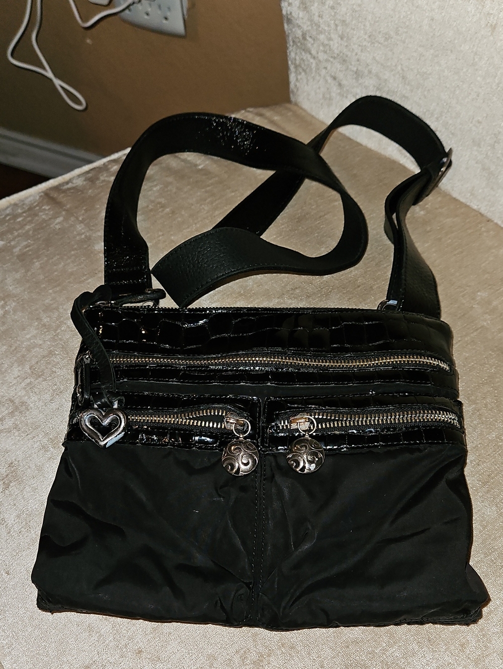 Brighton Black Women’s Crossbody Nylon Crock Leather Bag with Heart Charm